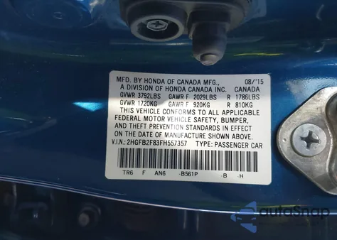 2015 Honda Civic Ex из США, поврежденный, VIN 2HGFB2F83FH557357